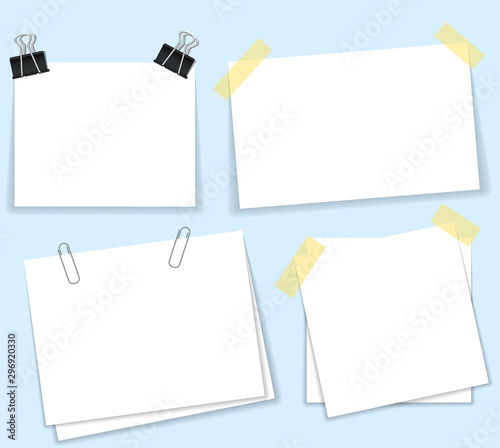 paperclip with blank white notepaper. White sheet for your message or adding more text. Vector illustration flat design. Isolated on white background. Template for memo. Notebook space.