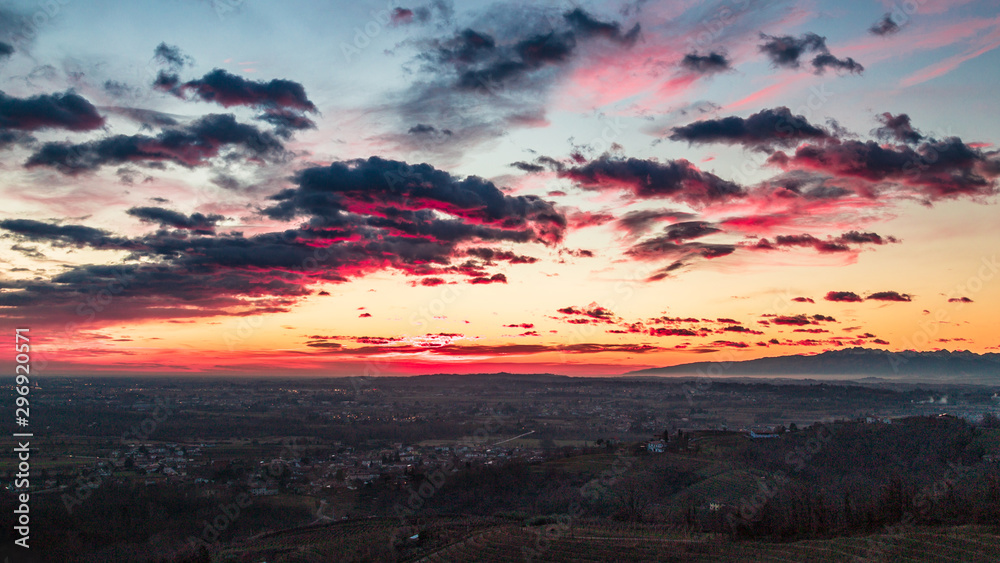 Colorful sunset in the italian vineyards