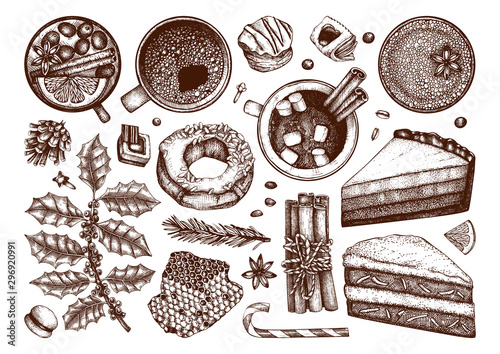 Winter desserts and hot seasonal drinks collection. Mulled wine, hot chocolate, coffee, tea and sweet baking illustrations. Hand drawn winter food and drinks sketches. Christmas bar menu template.