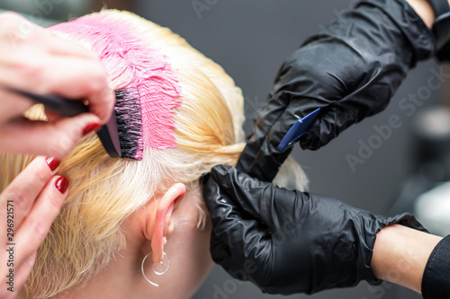 Professional hairdresser holds client's pink hair coloring close up. Hair salon. Close up pink coloring. Beauty and people concept.