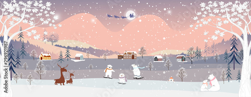 Panorama of winter landscape at night,Vector of winter wonderland with rein deer and teddy bear family playing ice skates celebrating on Christmas night