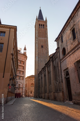View to the cathedral and baptistery on Piazza del Duomo in Parma, Italy