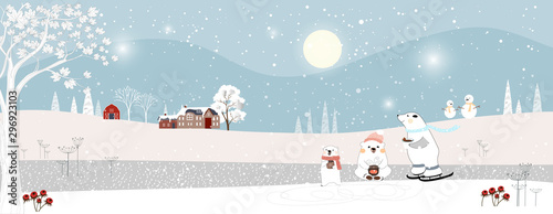 Panorama of winter landscape at night,Vector of winter wonderland with teddy bear family playing ice skates celebrating on Christmas night