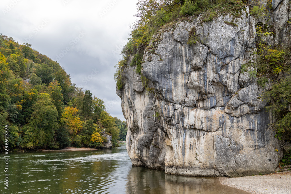 Nature reserve at Danube river breakthrough near Kelheim, Bavaria, Germany in autumn with limestone rock formations and plants with colorful leaves, autumnal impressions