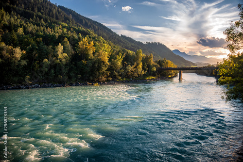 Canvas Print View over The Inn River In Hall in Tirol in Direction Innsbruck at sunset
