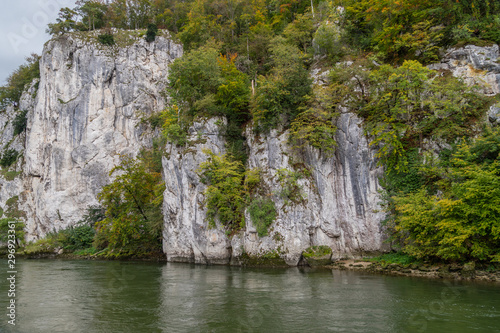 Danube river at Danube breakthrough near Kelheim  Bavaria  Germany in autumn with limestone rock formations and plants with colorful leaves