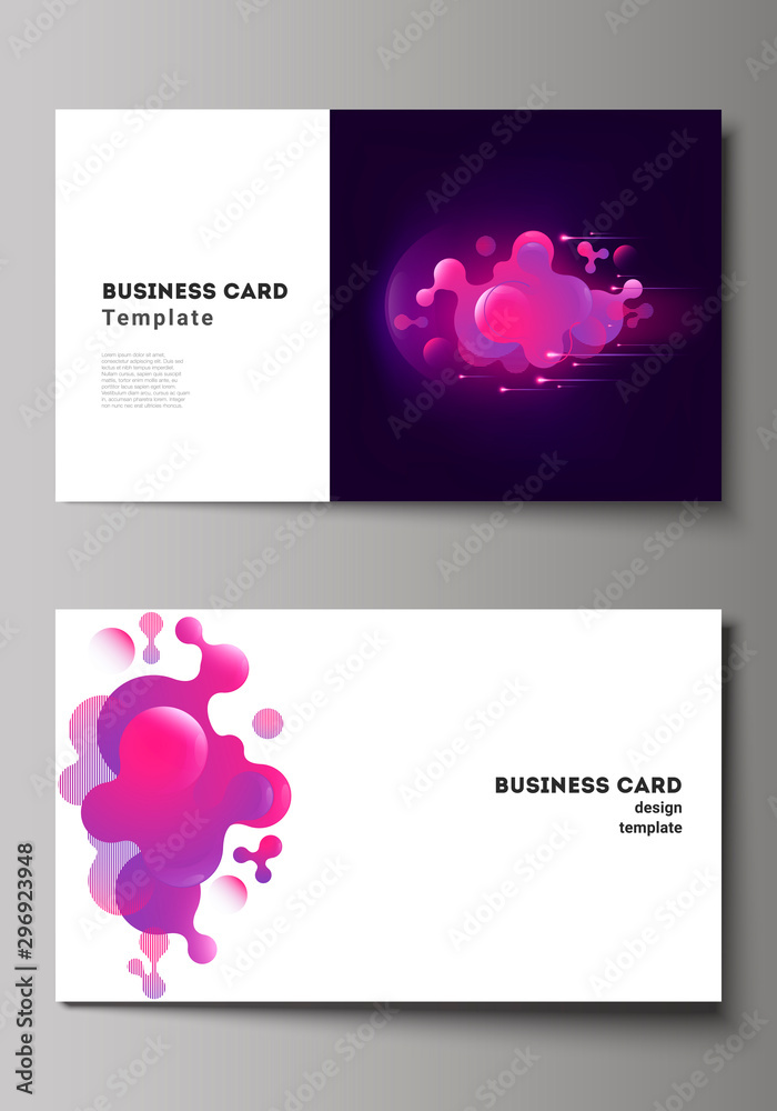 The minimalistic abstract vector illustration of the editable layout of two creative business cards design templates. Black background with fluid gradient, liquid pink colored geometric element.