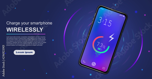 Futuristic phone is charged wirelessly on a blue background. Wireless charging of a device battery. Future concept. Vector illustration