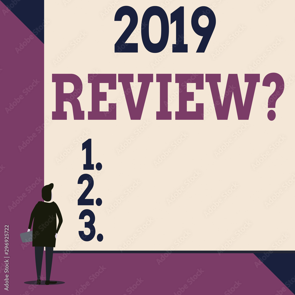 Handwriting text 2019 Review Question. Conceptual photo remembering past year events main actions or good shows Back view young woman watching blank big rectangle. Geometrical background - obrazy, fototapety, plakaty 