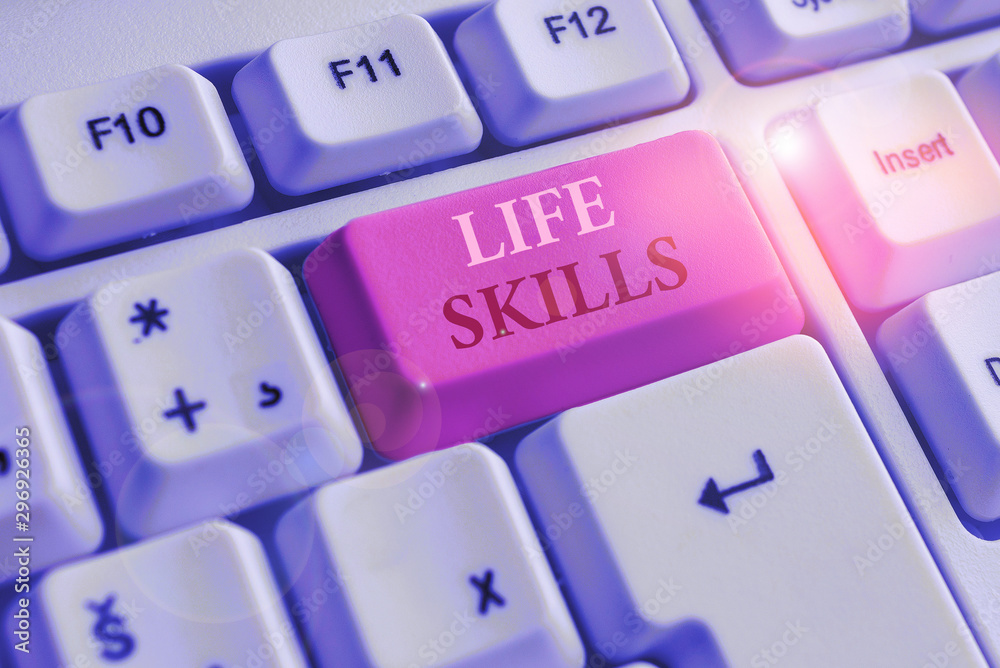 Text sign showing Life Skills. Business photo text skill that is necessary for full participation in everyday life White pc keyboard with empty note paper above white background key copy space Text sign showing Life Skills. Business photo text skill that is necessary for full participation in everyday life White pc keyboard with empty note paper above white background key copy space