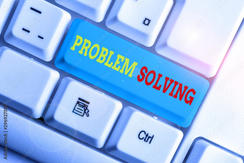 Text sign showing Problem Solving. Business photo showcasing process of finding solutions to difficult or complex issues White pc keyboard with empty note paper above white background key copy space Text sign showing Problem Solving. Business photo showcasing process of finding solutions to difficult or complex issues White pc keyboard with empty note paper above white background key copy space