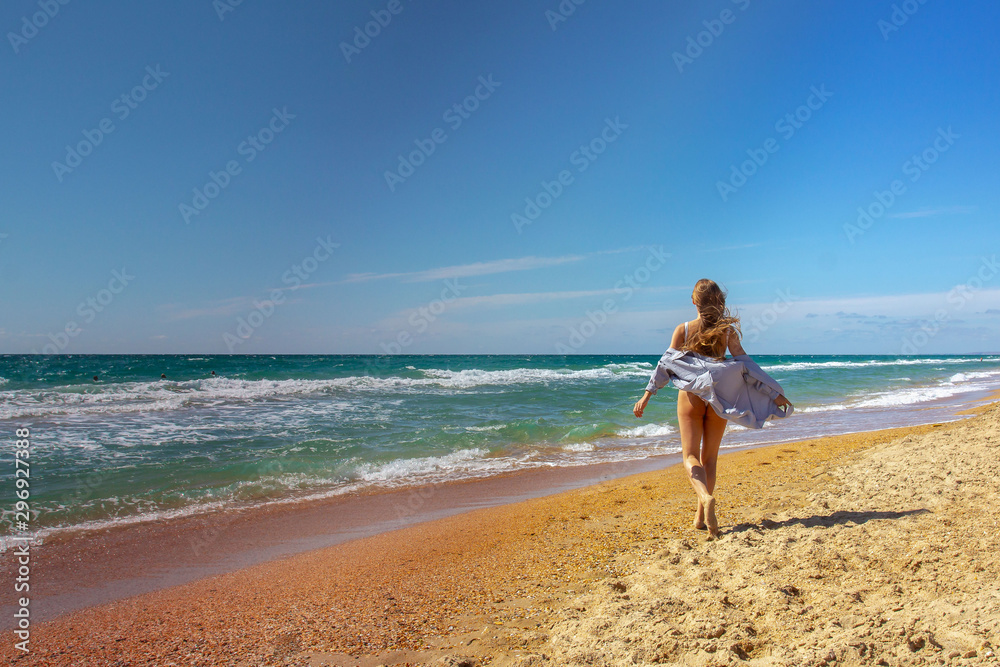 summer seascape girl on a beautiful beach summer seascape girl on a beautiful beach