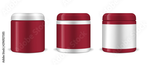 Round plastic cosmetic jar with lid, realistic mockup set. Beauty or medical product container with screw cap, vector template. Easy to recolor