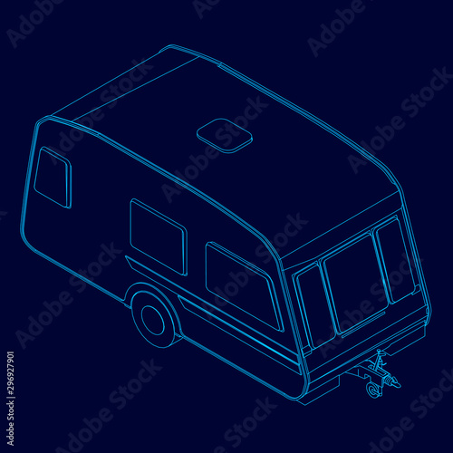 The contour of the trailer for camping from the blue lines on a dark background. View isometric. Vector illustration.
