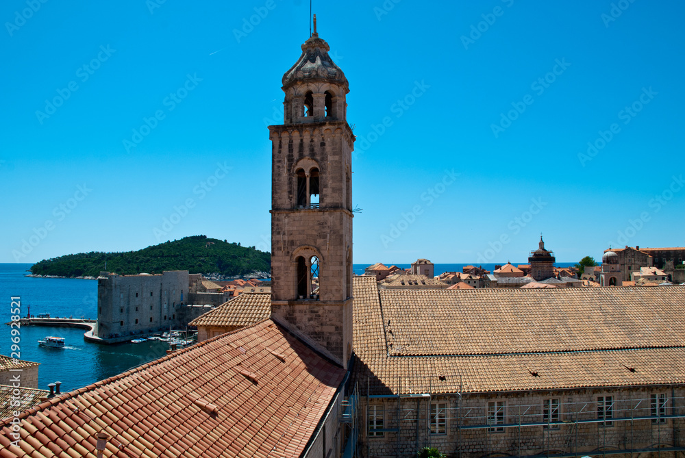 View of Dominican Monastery in Dubrovnik with slim tower.