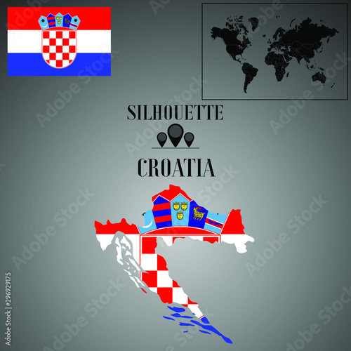 Croatia outline world map, contour silhouette with national flag inside vector illustration creative design, isolated on background, objects, element, symbol from countries set