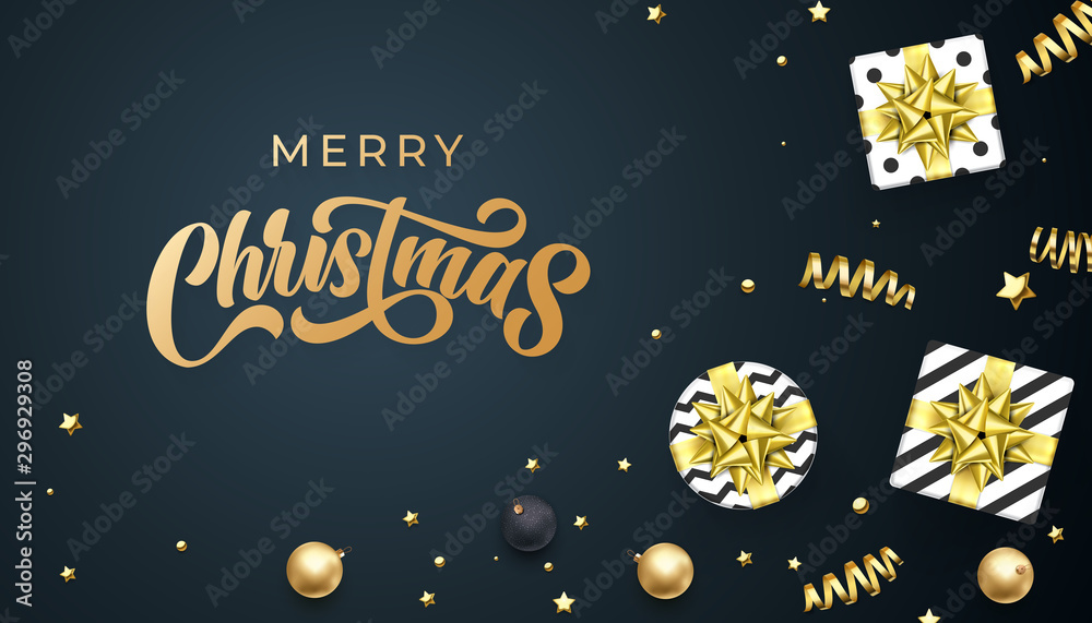 Merry Christmas greeting card calligrpahy on gold glittering snowflakes pattern, vector winter holidays design. Xmas greeting text and Christmas golden snow decoration on white background