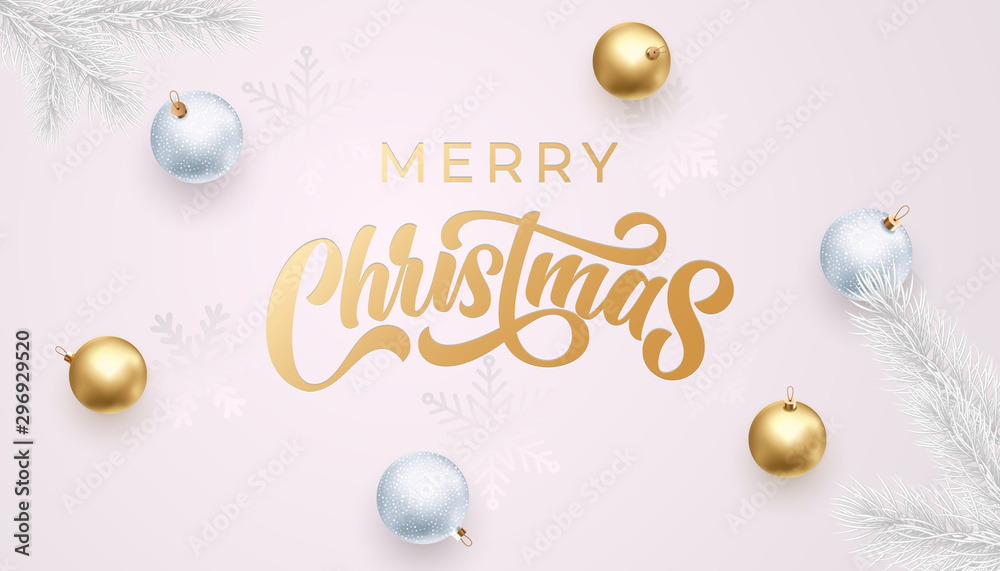 Merry Christmas golden calligraphy lettering, Xmas gold and silver balls on snowflakes pattern. Vector Xmas holiday sparkling ornaments on white snow background design