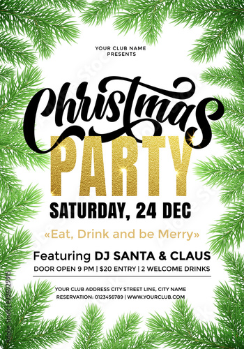 Christmas Party banner template with text and fir tree branches border. 24 December music party celebration