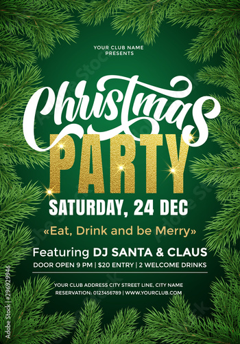 Christmas Party banner template with text and fir tree branches border. 24 December music party celebration