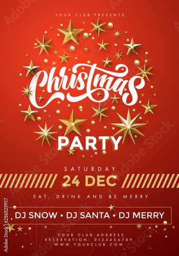 Merry Christmas red party poster. 24 December celebration banner template with text, golden twinkling stars