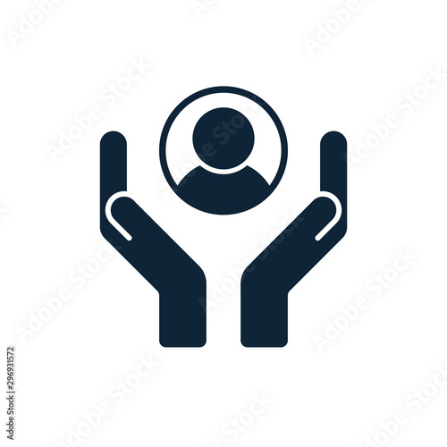Customer care icon. Hands with customer inside.