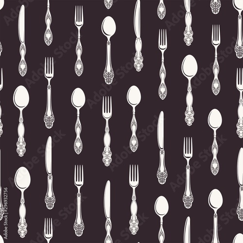Pattern of cutleries, seamless vertical print with knives, spoons and forks. Vector illustration in vintage style on dark background.