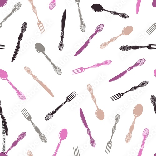  Pattern of cutleries, seamless print with knifes, spoons and forks. Vector illustration in vintage style on white background, random ornament.