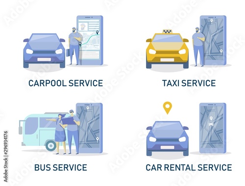 Online car and public vehicle srvices, vector flat isolated illustration