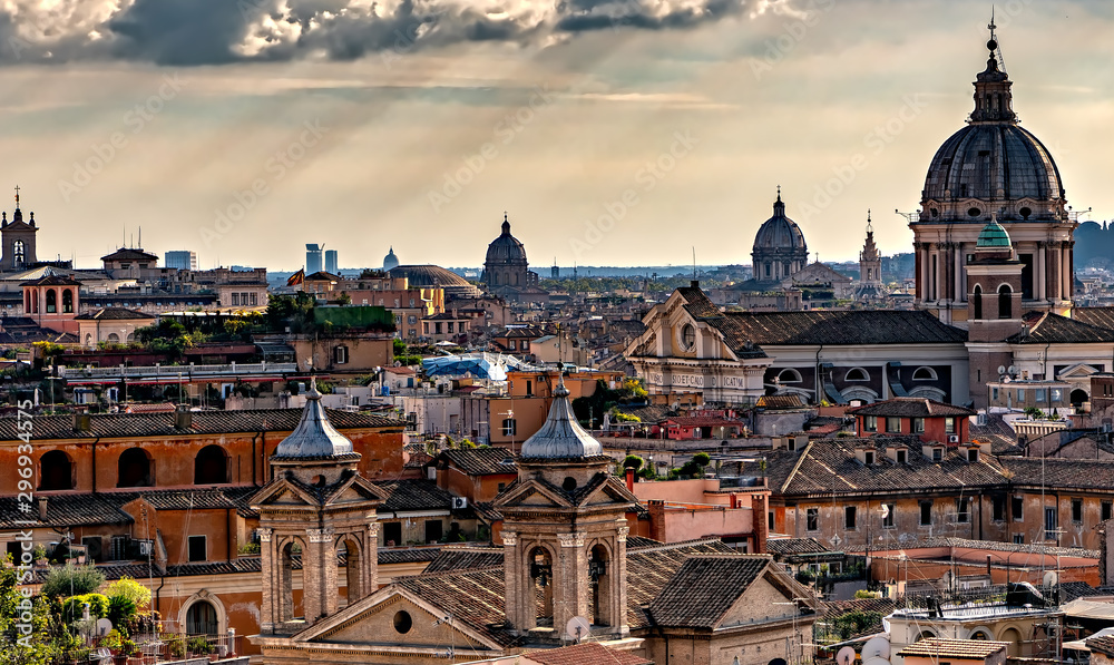 View of old town Rome, as seen from Villa Borghese gardens; high angle view.