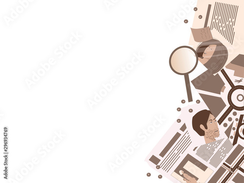 Frame for the design of detective stories. Photos, magnifier, newspaper, map, buttons. Vector illustration.