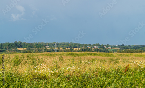 View of endless rural fields. A thunderstorm is approaching. Rural landscape in the summer.