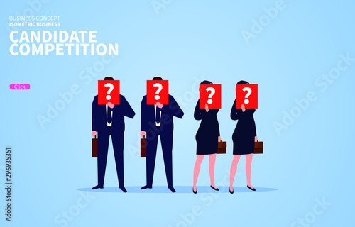 Candidate, businessman holding a question mark sign covering his face standing in a row