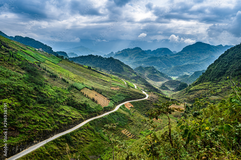 Mountain road in beautiful valley. Ha Giang province. Vietnam