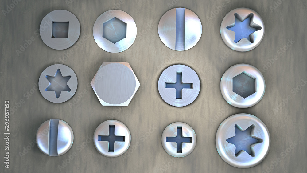 Top view of various metal screw heads - 3d illustration Top view of various metal screw heads - 3d illustration