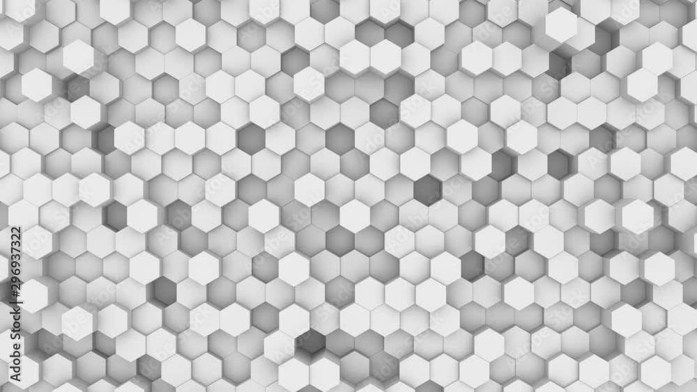 Abstract white background of moving hexagons. Monochrome futuristic pattern in white, gray and black colors. Looped animation. 3d rendering. Abstract white background of moving hexagons. Monochrome futuristic pattern in white, gray and black colors. Looped animation. 3d rendering.