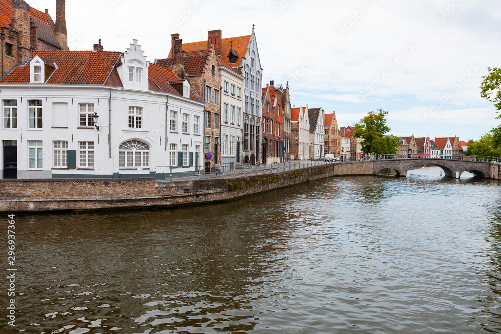 Langerei Canal winding through town of Brugge, Bruges, Belgium