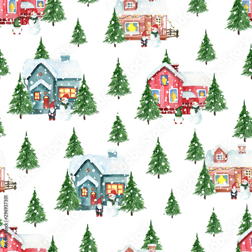 Seamless Christmas pattern with houses and gnomes. Watercolor hand drawn