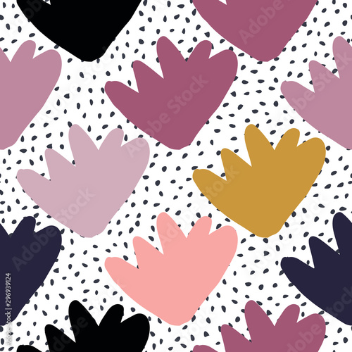 Abstract flowers on polka dot background. Strange floral seamless pattern.
