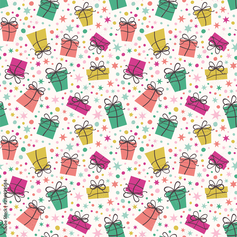 Seamless vector pattern with cute gift boxes, confetti and stars.