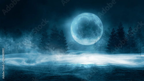 Dark forest. Gloomy dark scene with trees, big moon, moonlight. Smoke, shadow. Abstract dark, cold street background. Night view. Night wooden table