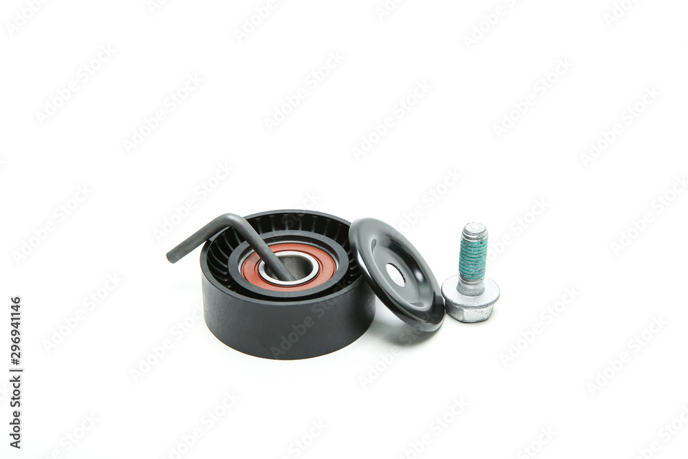 tensioner roller of car engine isolated on white background tensioner roller of car engine isolated on white background