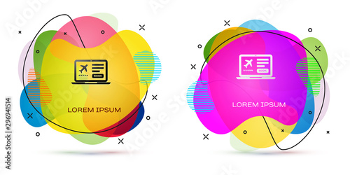 Color Laptop with electronic boarding pass airline ticket icon isolated on white background. Passenger plane mobile ticket for web and app. Abstract banner with liquid shapes. Vector Illustration