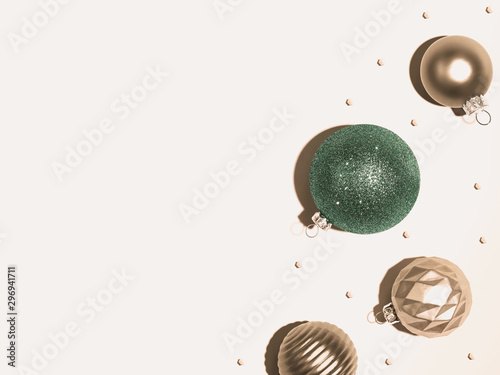 Christmas bauble ornaments - overhead view flat lay
