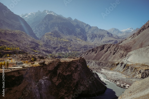 Beautiful valley in Karakoram mountain range along the Karakoram highway. Landscape mountainous scenery in Gilgit Baltistan, northern Pakistan.