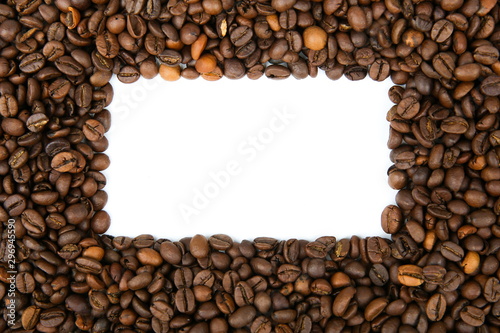 template with square frame of roasted coffee beans on a white background