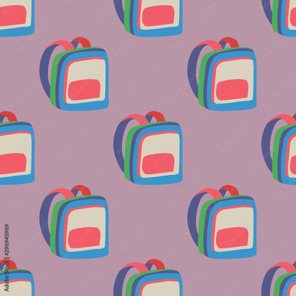 Cartoon illustration with seamless pattern with multicolor backpack on violet background for print design. Modern colorful flat decoration vector elements. Cartoon illustration with seamless pattern with multicolor backpack on violet background for print design. Modern colorful flat decoration vector elements.