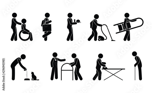 social assistance for the disabled, social workers, stick icon pictogram set, isolated silhouettes of people with disabilities and their assistants in household matters