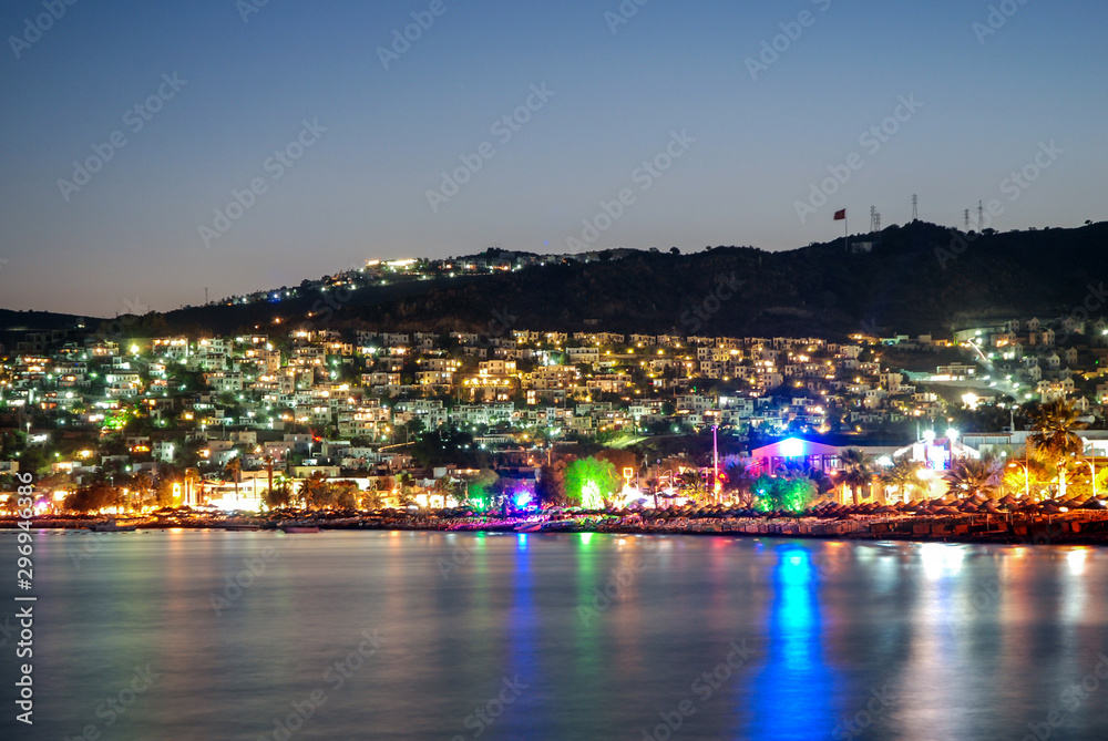 Night view from Ortakent Yashi beach over Aegean Sea near Bodrum city in Mugla Province, Turkey
