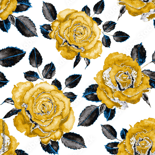 Watercolor seamless pattern with roses. Romantic floral composition.Botanical...